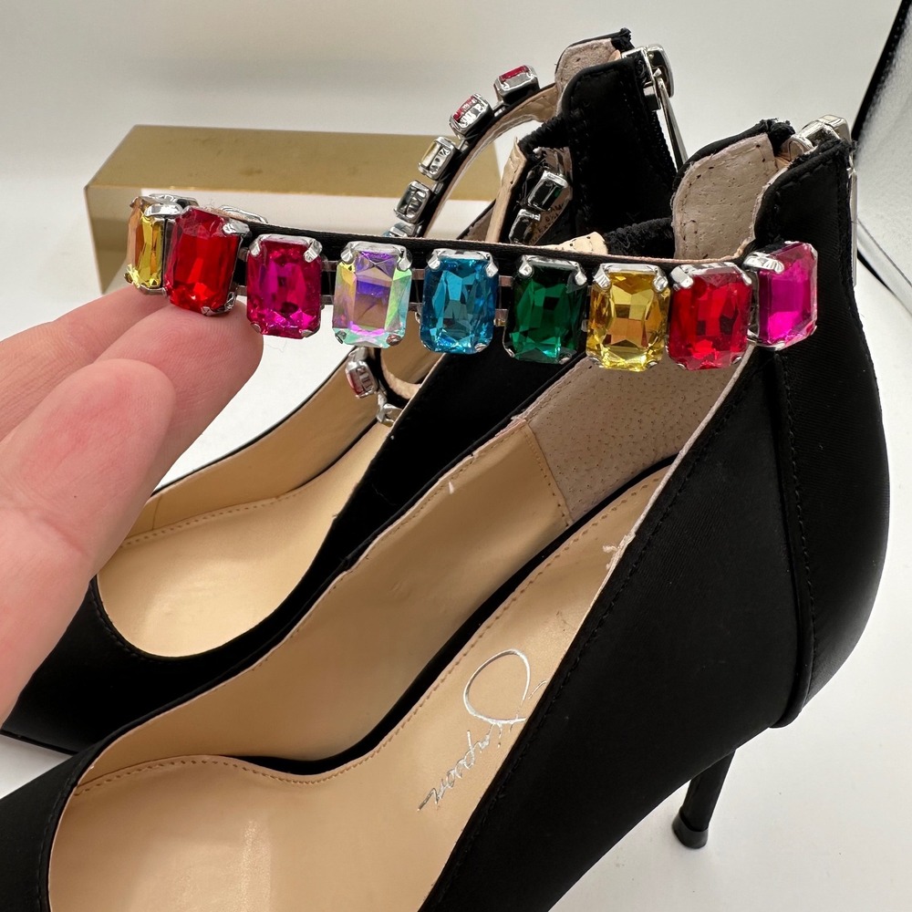 JESSICA SIMPSON Samiyah Jewel Ankle Strap Point Toe Pumps Black Matte Satin 6.5 - Picture 6 of 16